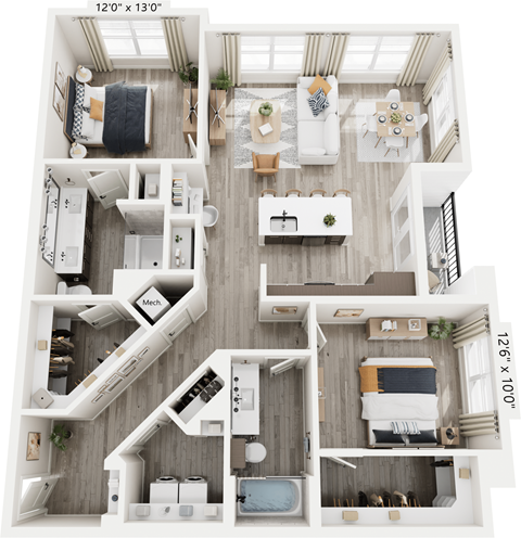 Floor plan for 2 beds, 2 baths, 1259 sqft